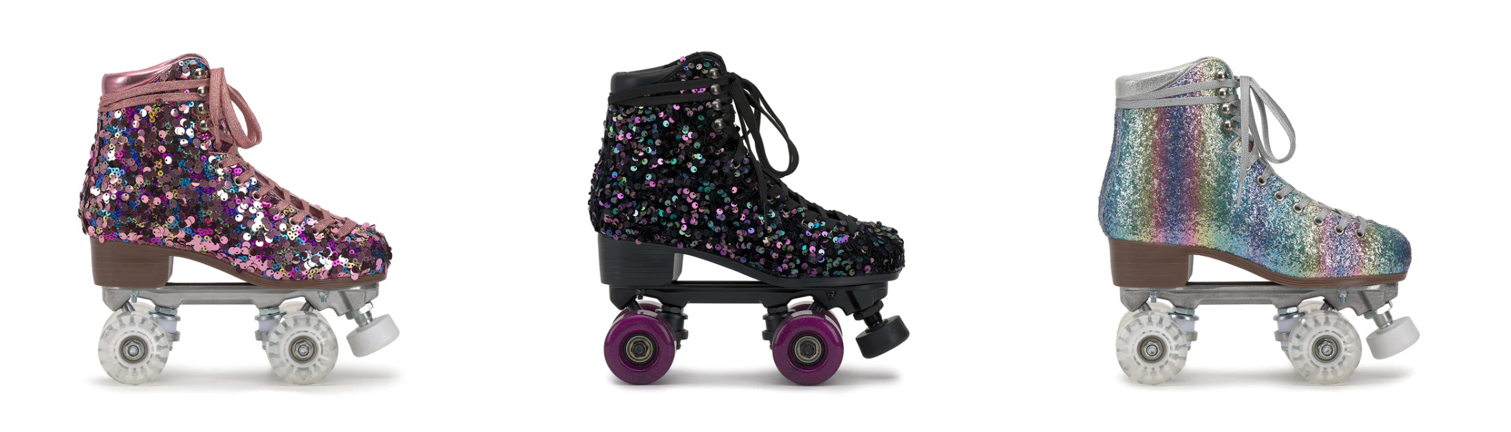pink, black and silver rainbow sequined roller skates
